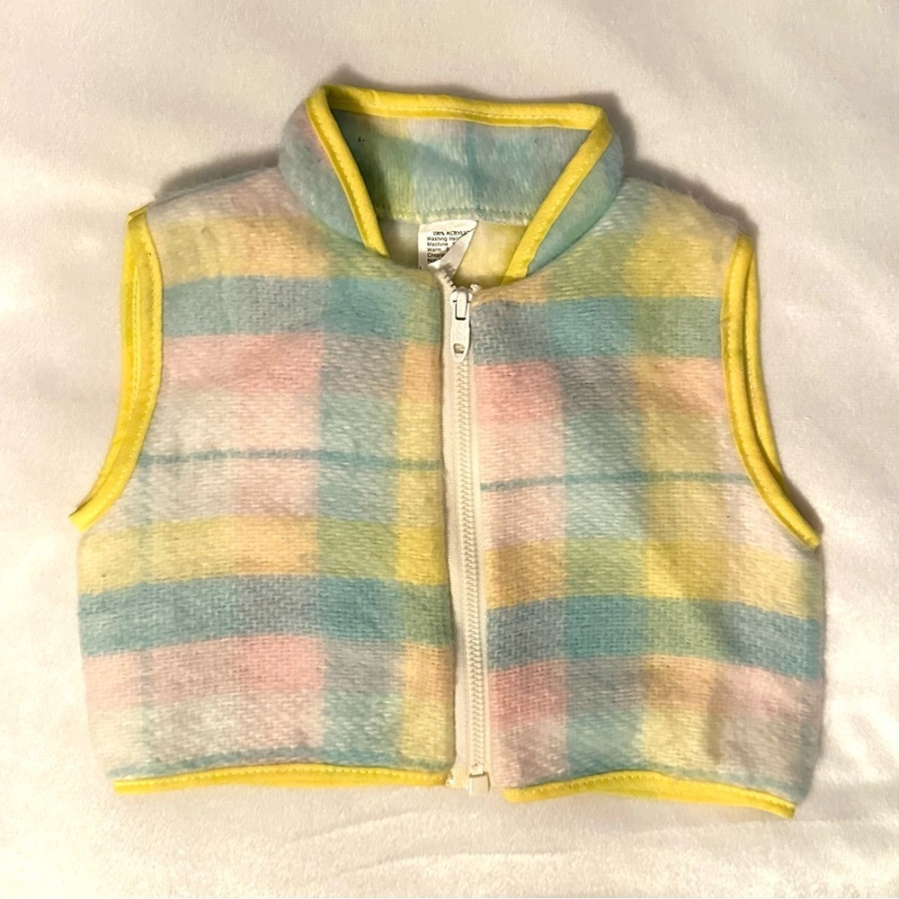 Vintage Fleece Baby Vest 12M Pastel Plaid Full Zip USA Boys Girls Yellow Pink